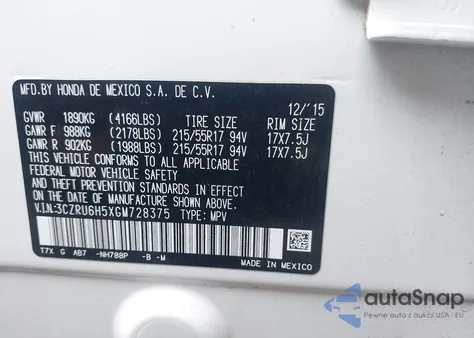 2016 Honda Hr-V Ex from USA, damaged, VIN 3CZRU6H5XGM728375